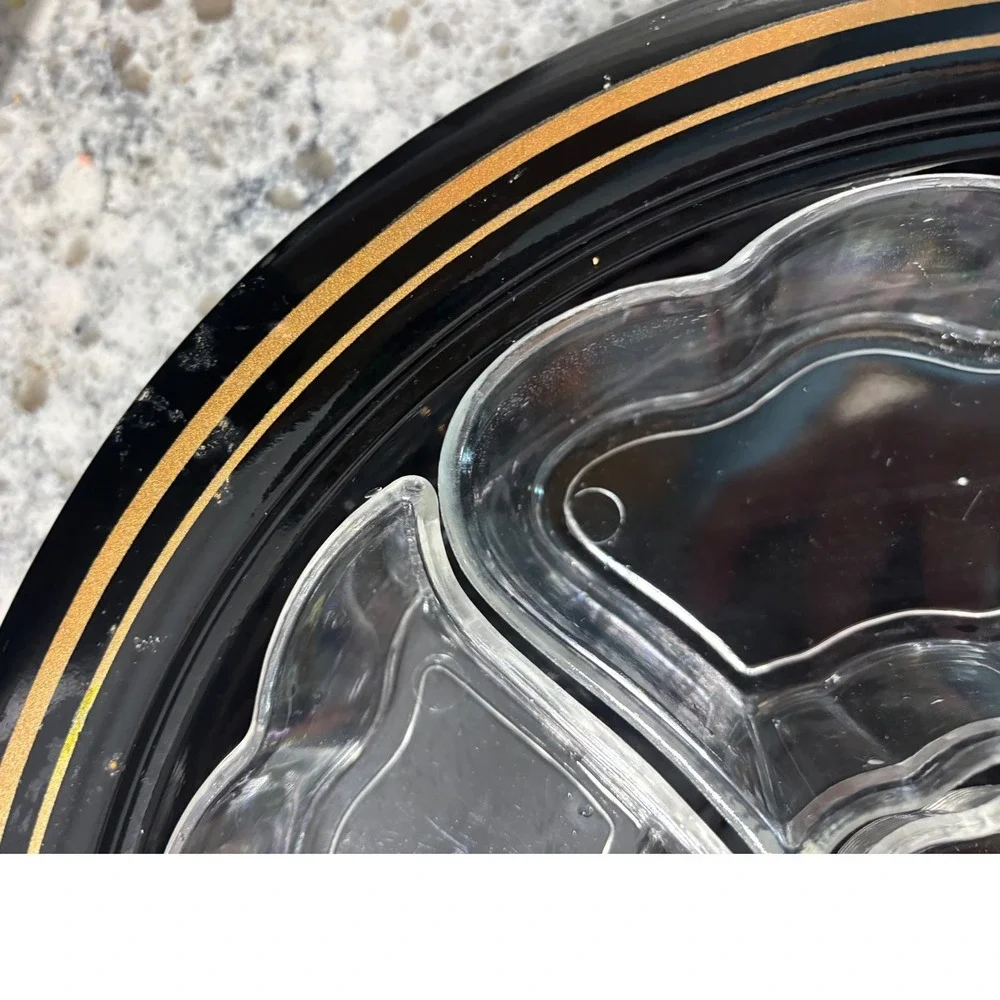 Vtg Lacquerware Black Round‎ Serving Platter Divided Compartments Japan Decor